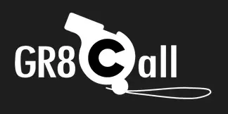 Logo with the text "GR8 Call" where the "C" is a stylized whistle with a lanyard, all on a dark background.