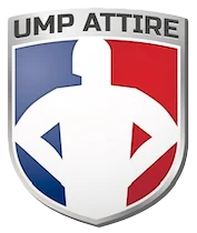 A shield-shaped logo with the text "UMP ATTIRE" and a white silhouette of a person standing with hands on hips, set against a blue and red background.