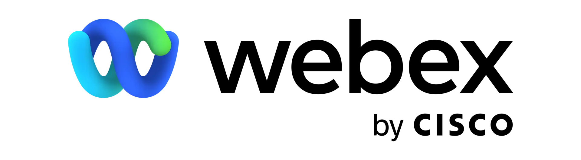 Webex by Cisco logo, featuring a blue and green 3D-style "W" icon to the left of the word "webex" in bold black text, with "by CISCO" underneath in smaller letters.